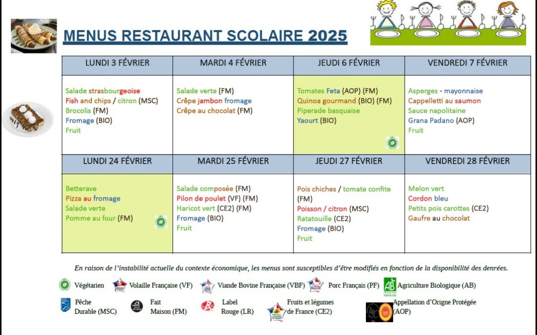 Menus du 3 au 7 février
