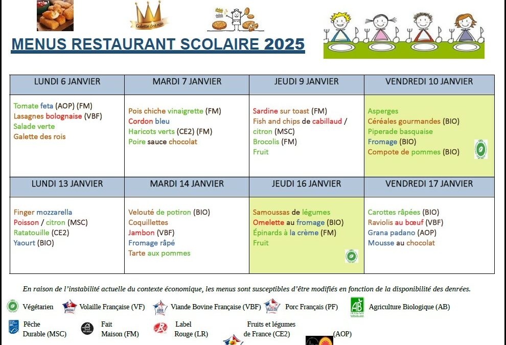Menus du 6 au 17 janvier