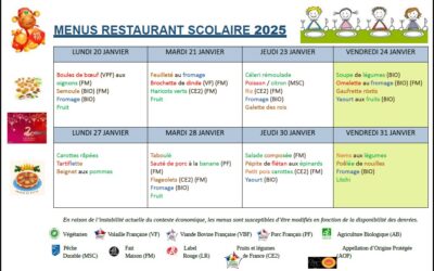Menus du 20 au 31 janvier