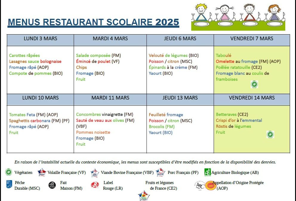Menus du 3 au 14 mars