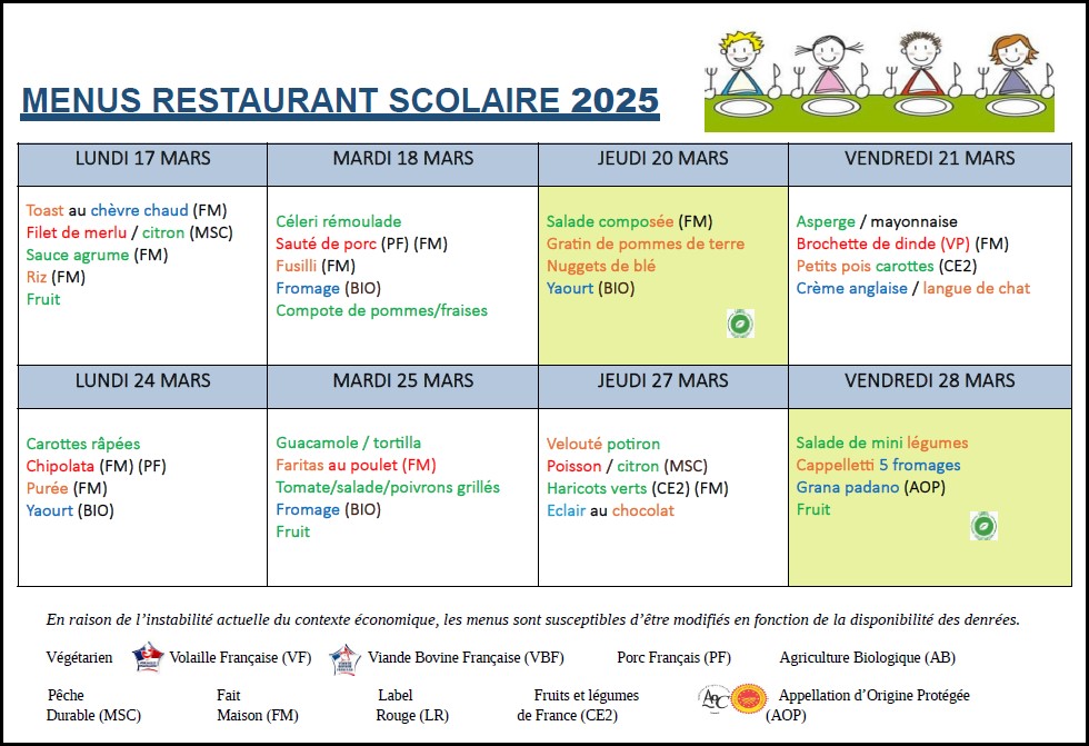 Menus du 17 au 28 mars