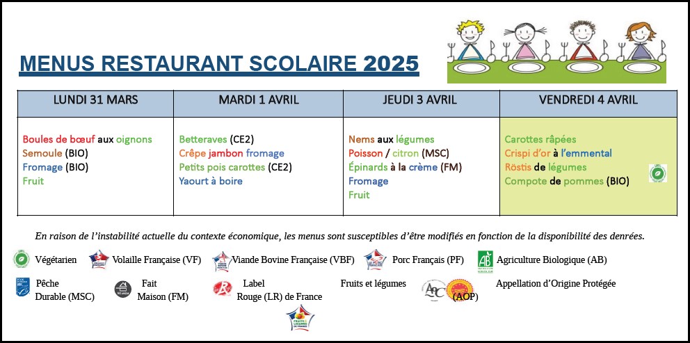 Menus du 31 mars au 4 avril