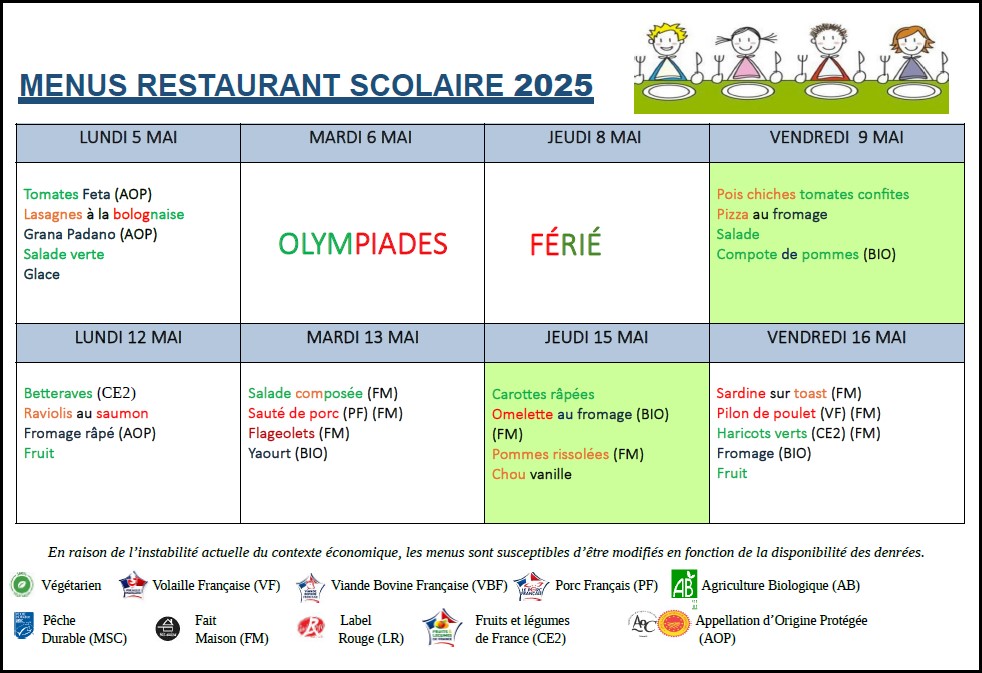Menus du 5 au 16 mai