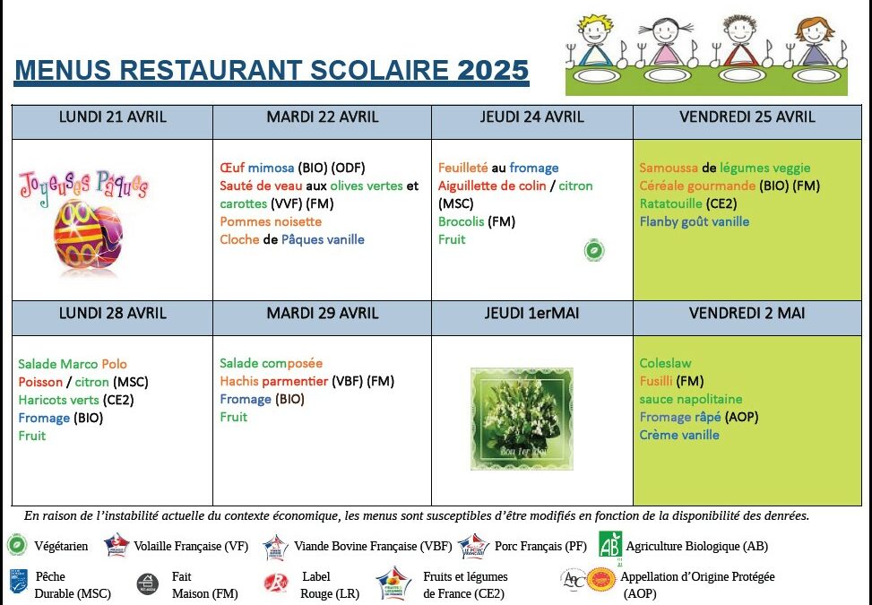 Menus du 22 avril au 2 mai