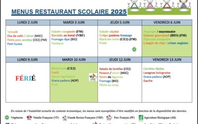 Menus du 2 au 13 juin
