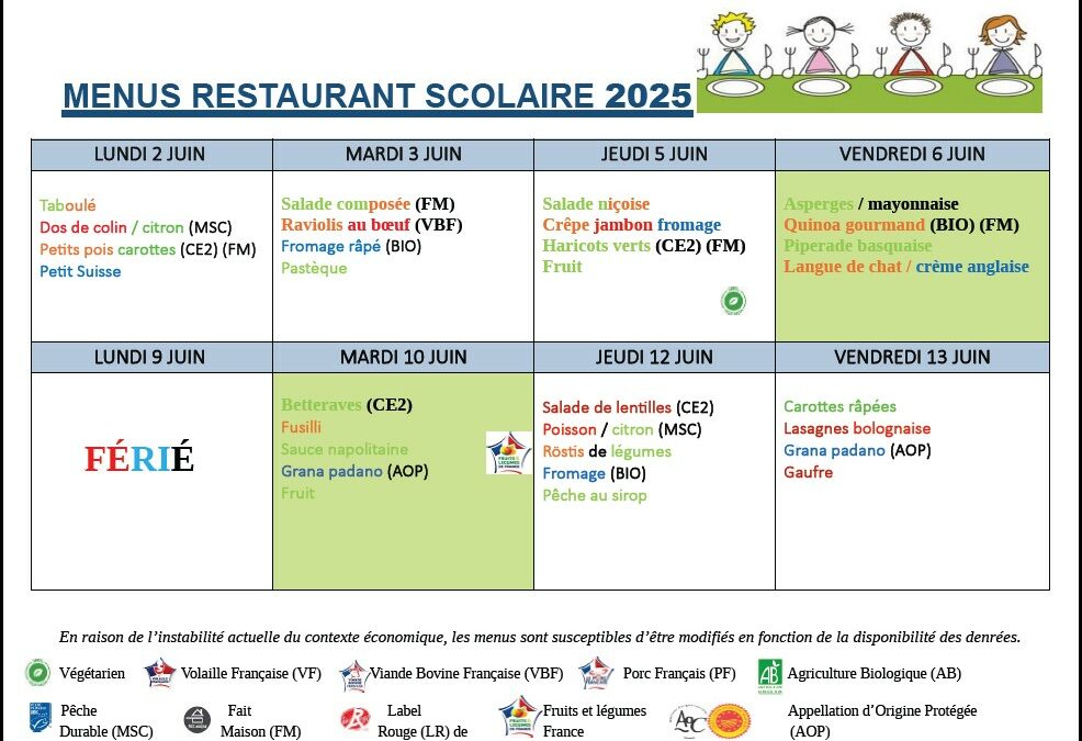 Menus du 2 au 13 juin