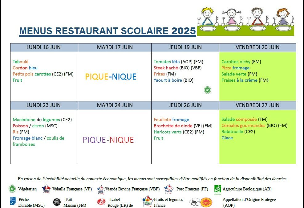 Menus du 16 au 27 juin