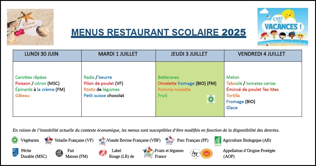 Menus du 30 juin au 4 juillet