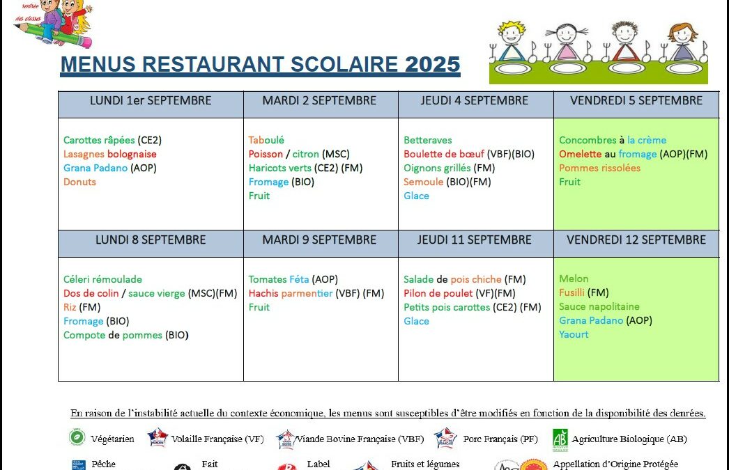 Menus du 1er au 12 septembre