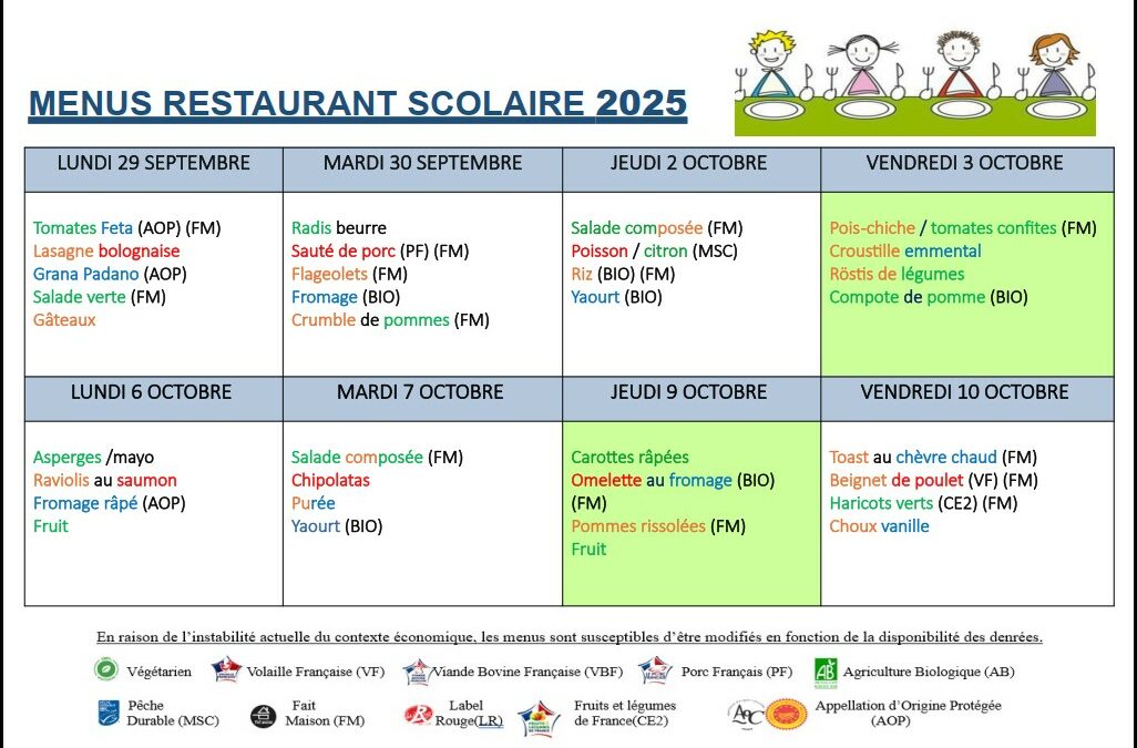 Menus du 29 septembre au 10 octobre