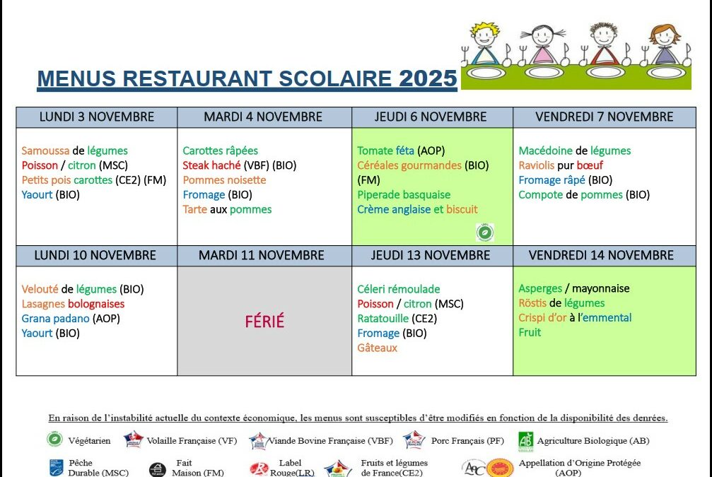 Menus du 3 au 14 novembre