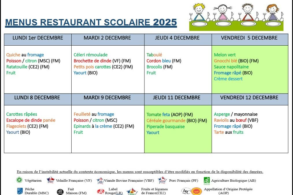 Menus du 1er au 12 décembre