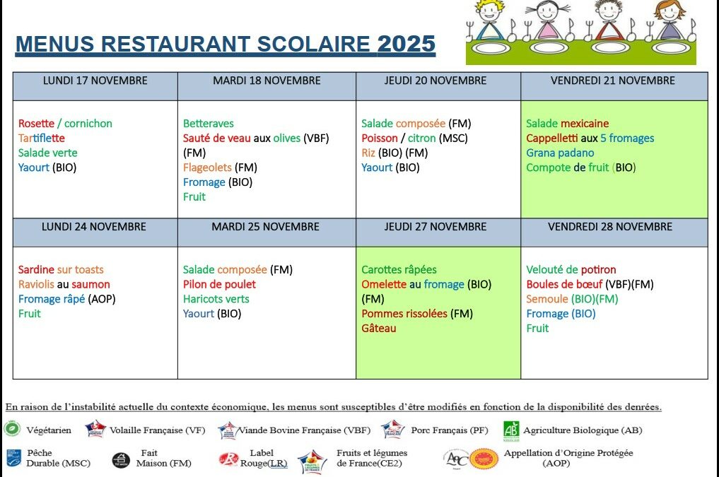 Menus du 17 au 28 novembre