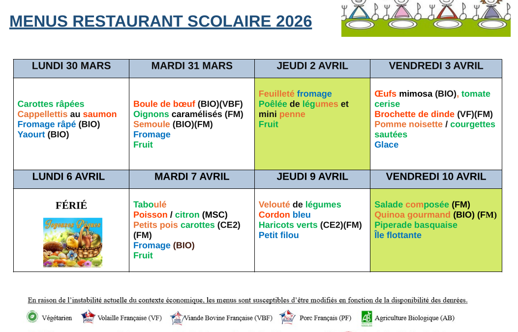 Menus du 30 mars au 10 avril