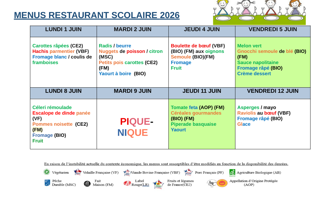 Menus du 1er au 12 juin