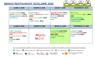 Menus du 1er au 12 juin