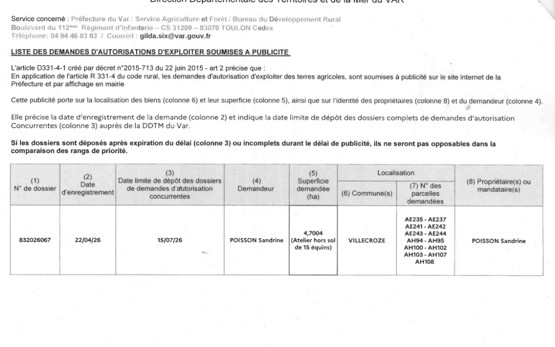 Demande d’autorisation d’exploiter soumise à publicité (DDTM)