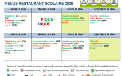 Menus du 15 au 26 juin