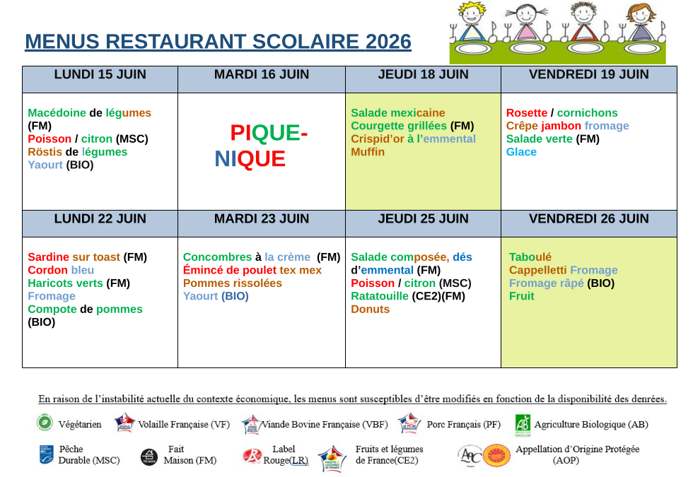 Menus du 15 au 26 juin