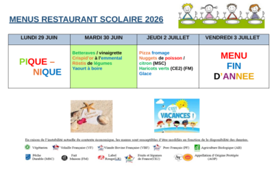 Menus du 29 juin au 3 juillet