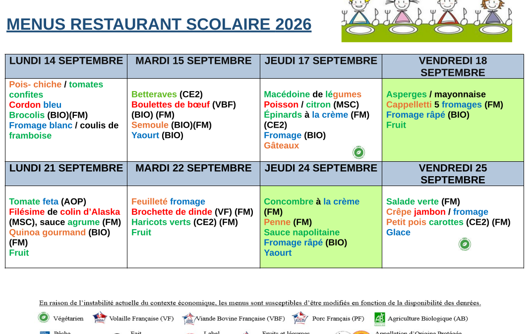 Menus du 14 au 25 septembre